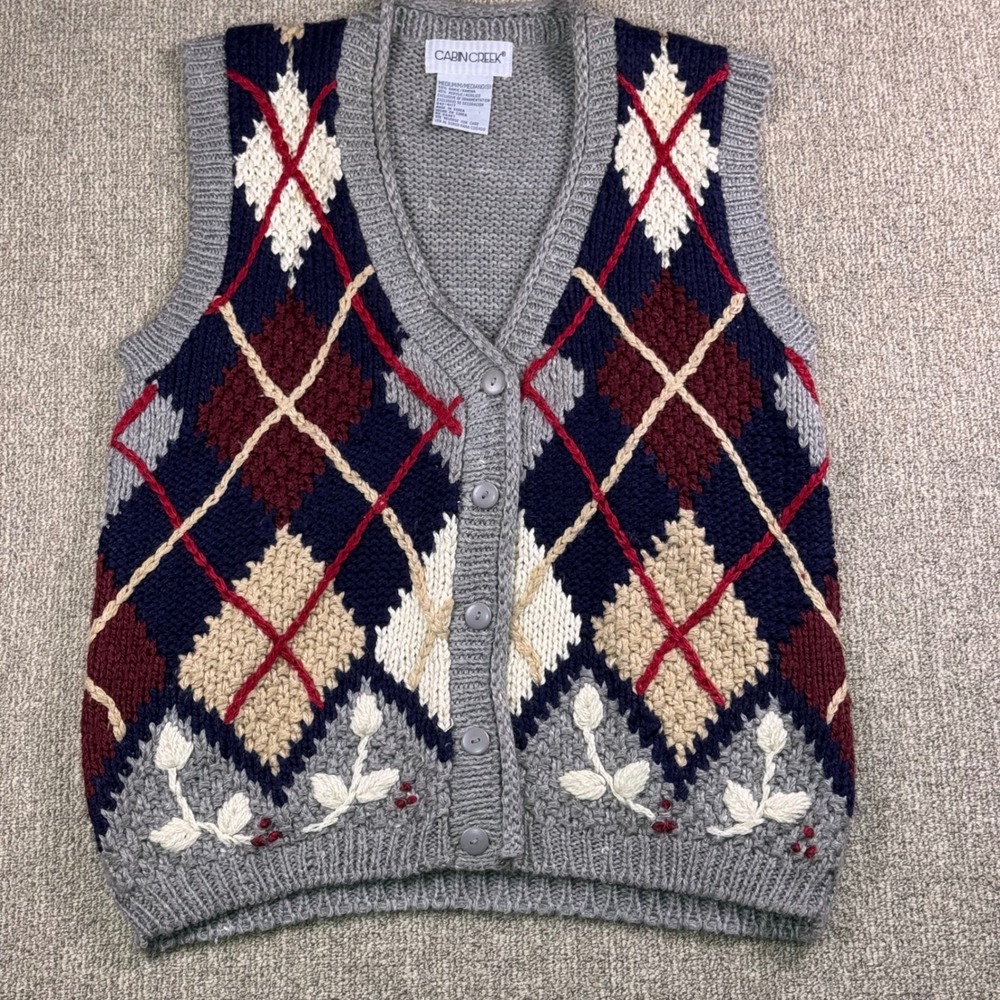 Cabin Creek Knit Argyle Sweater Vest‎ Gray Red Blue Medium Made in Korea